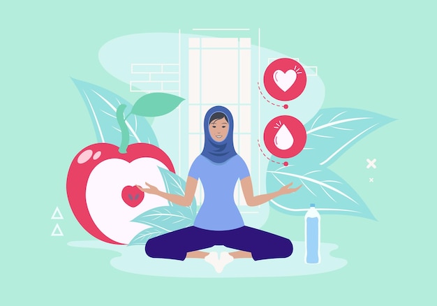 Une femme arabe avec hijab fait du yoga en position du lotus et une vie saine autour des fruits de l'eau et de la nature