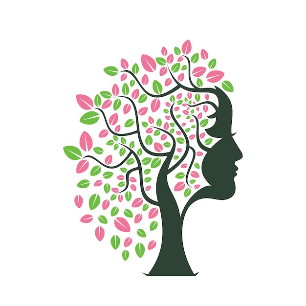 Vecteur femme arbre spa vector template design beauté femme visage feuille vector design