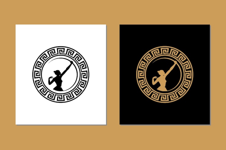 femme, archer, silhouette, illustration, a, fantaisie, femme, archer, à, a, arc, et, cercle, emblème, insigne, logo
