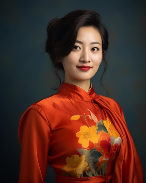 Une Femme Asiatique Dans Une Robe Orange