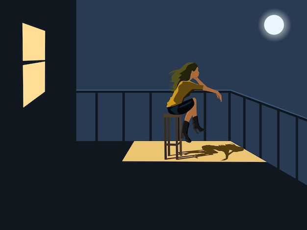 Femme assise sur le balcon regardant la lune Il y avait une lumière qui brillait de la lunette arrière