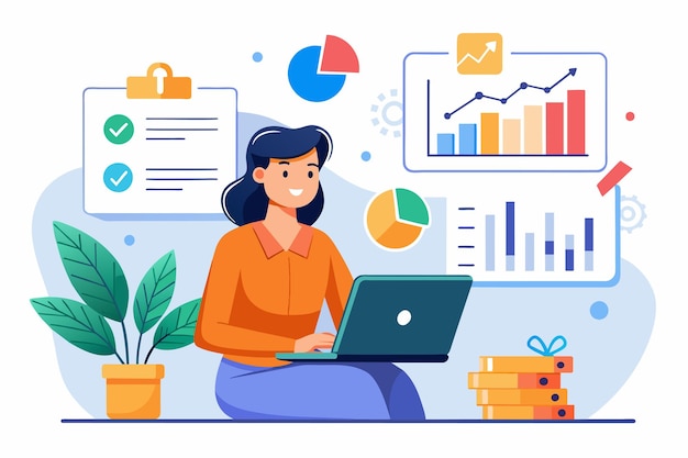 Une femme assise à un bureau concentrée sur l'écran de son ordinateur portable travaillant sur l'analyse de données numériques Un travailleur analysant des diagrammes et des graphiques de données digitales Illustration vectorielle plate simple et minimaliste