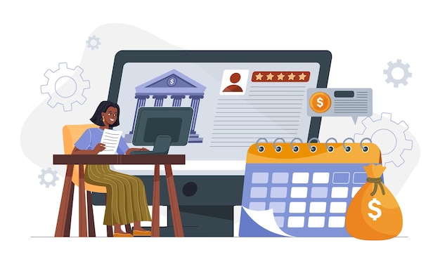 Une femme assise à un bureau utilisant un ordinateur pour la banque en ligne avec un calendrier d'interface bancaire et un sac d'argent