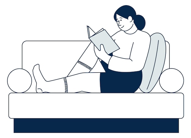 Femme assise sur un canapé et livre de lecture Temps libre isolé sur fond blanc