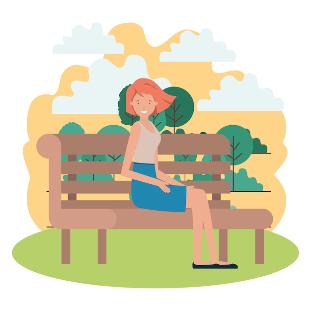 Vecteur femme assise dans une chaise de parc avec un personnage avatar du paysage