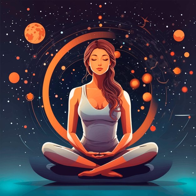 Vecteur femme assise dans la pose de lotus de yoga et sa connexion à l'illustration vectorielle de l'espace