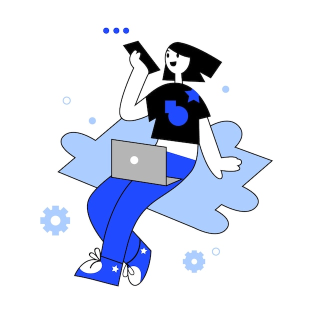 Femme assise et discutant sur téléphone mobile Pause et repos sur le lieu de travail Efficacité de la gestion du temps Illustration vectorielle plate en couleurs bleues