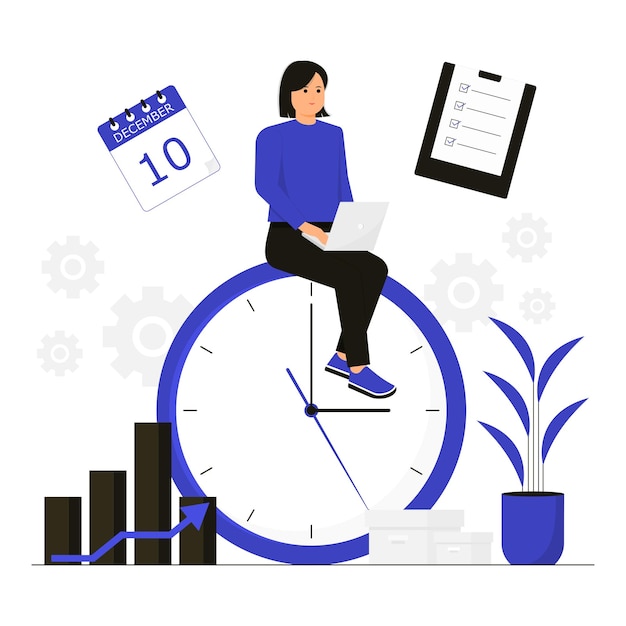 Une femme assise sur une horloge avec un calendrier sur le dessus qui indique 10.