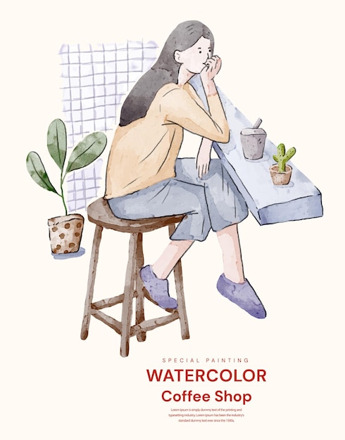 Vecteur femme assise sur l'illustration aquarelle de café-restaurant