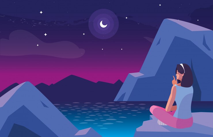 Vecteur femme assise observant le paysage nocturne avec lac