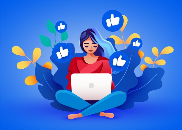 Femme assise avec un ordinateur portable Concept de médias sociaux et de blogs