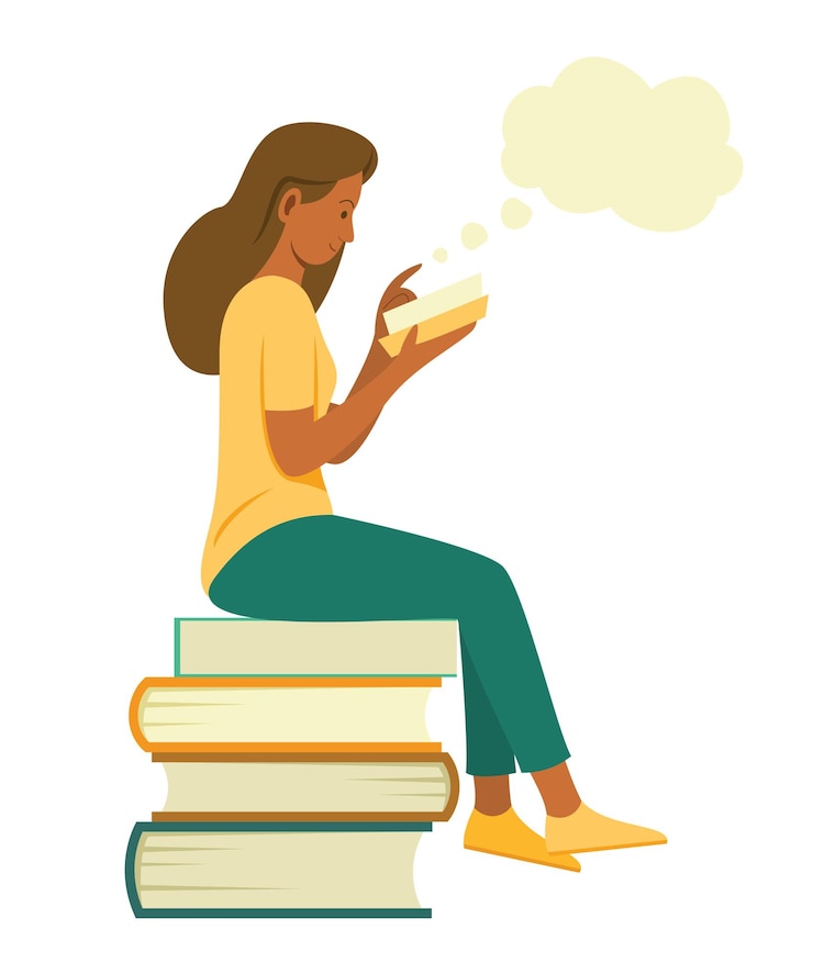Vecteur femme assise sur la pile de gros livres pour lire un livre et penser à une bonne idée.