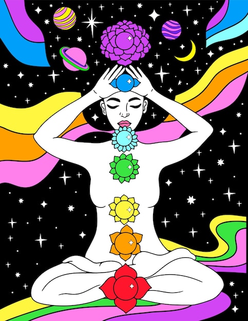 Vecteur femme assise en position du lotus aura de méditation et chakras