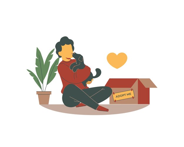 Vecteur femme assise sur le sol avec un chiot à côté d'une boîte d'adoption illustration vectorielle