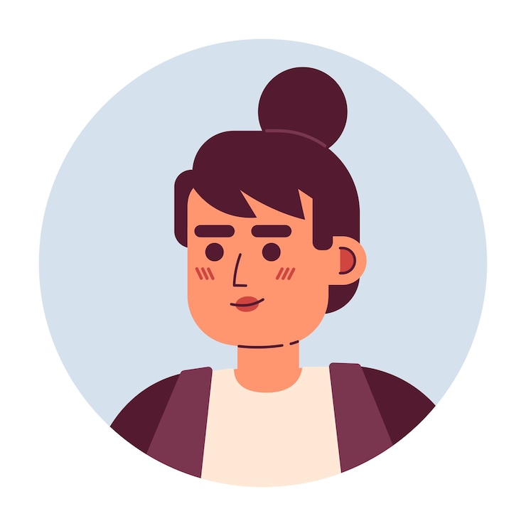 Vecteur femme attrayante et joyeuse, tête de personnage vectoriel semi-plat, femme avec coupe de cheveux et frange, icône d'avatar de dessin animé modifiable, émotion du visage, illustration de point coloré pour l'animation de conception graphique web