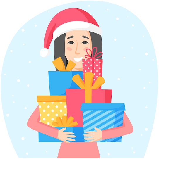 Femme Au Bonnet De Noel Tenant Des Coffrets Cadeaux Acheter Et Préparer Des Cadeaux De Noël Pour La Famille Et Les Amis