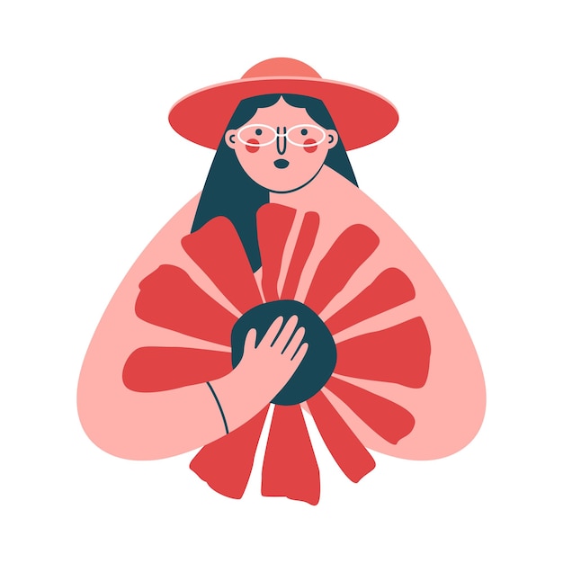 Femme au chapeau et lunettes tenant une fleur. Personnage abstrait de dessin animé. Illustration avec une femme mignonne
