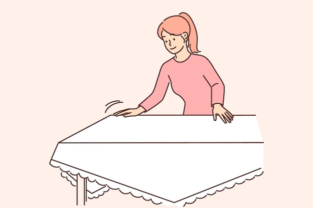 Femme Au Foyer Dresse La Table Avec Une Nappe Blanche Se Préparant Pour Un Dîner De Fête Ou Un Déjeuner En Famille