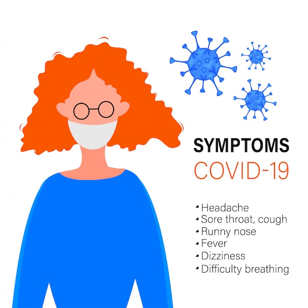 Femme Au Masque Médical Et Une Liste Des Symptômes De L'épidémie De Coronavirus 2019-ncov Isolé Sur Fond Blanc. Concept D'épidémiologie Pandémique. Illustration Plate.