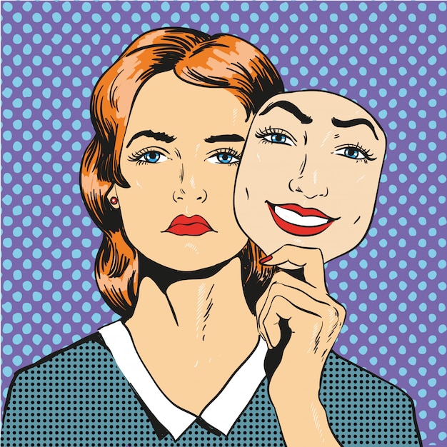 Femme Au Visage Triste Malheureux Tenant Masque Faux Sourire. Illustration Dans Un Style Bande Dessinée Rétro Pop Art