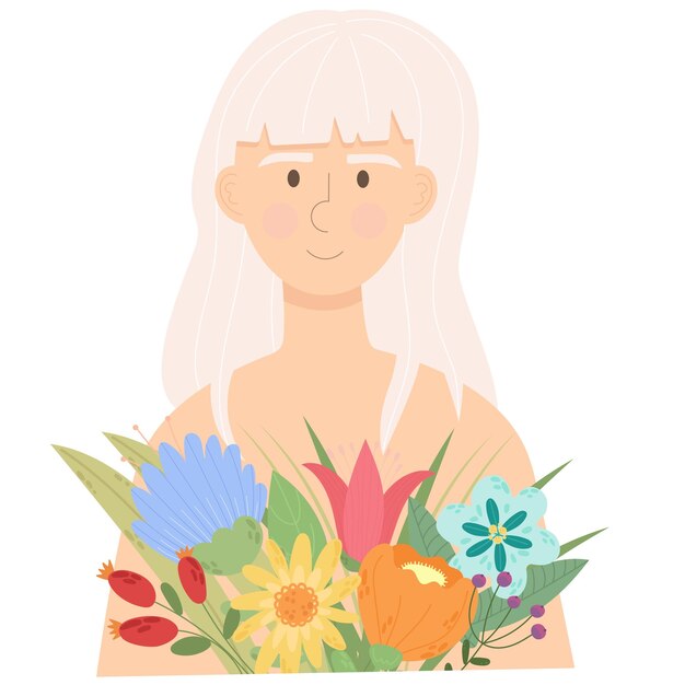Femme aux cheveux blonds avec bouquet de fleurs Bonne journée de la femme le 8 mars.