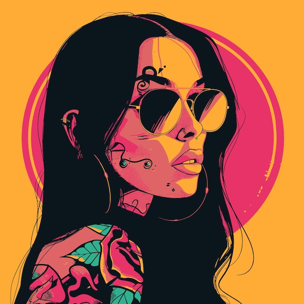Une femme aux cheveux longs et aux lunettes de soleil est le sujet principal de l'image