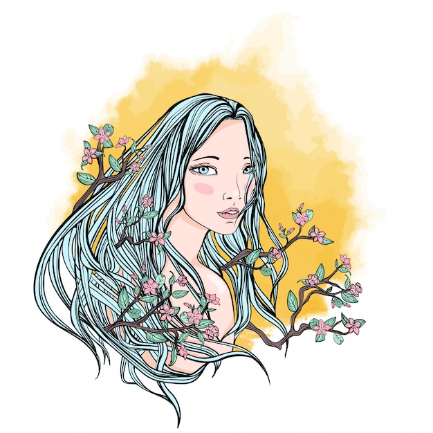 Femme Aux Cheveux Longs Parmi Les Branches Et Les Fleurs De Cerisiers En Fleurs, Symbole De Naturel Et De Beauté Naturelle.