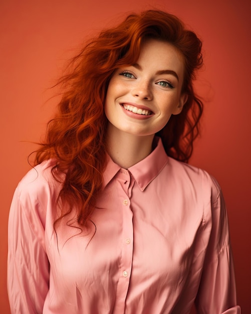 Vecteur une femme aux cheveux roux souriant dans une chemise rose