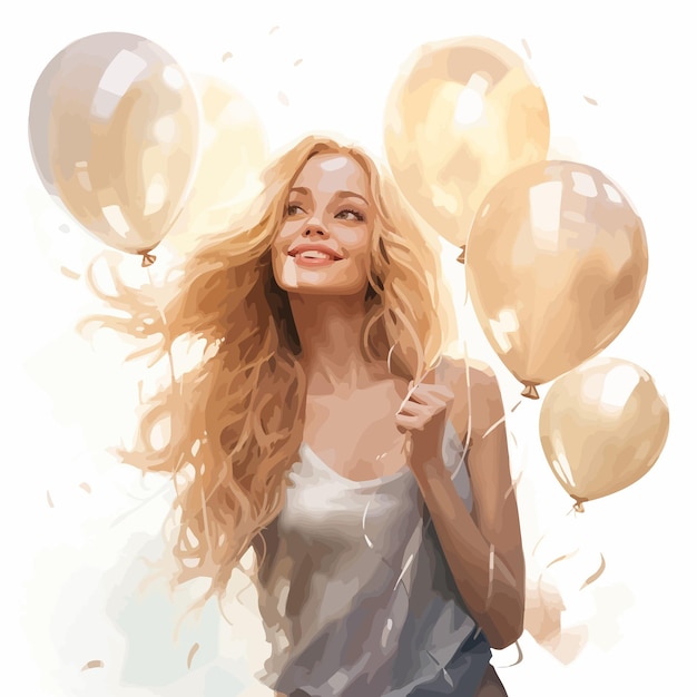 Vecteur une femme aux longs cheveux blonds tenant des ballons.