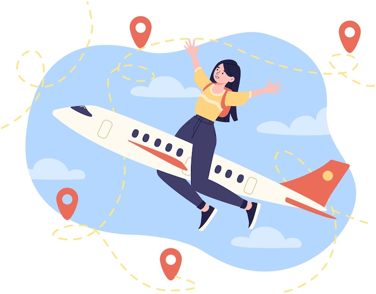 Vecteur femme sur avion dans le concept de ciel