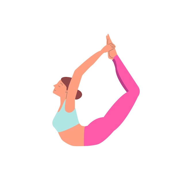 Femme de bande dessinée dans la pose de yoga d'arc étirant ses jambes dhanurasana exercice