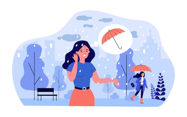 Femme de bande dessinée debout sous la pluie sans parapluie. Filles avec et sans parapluie dans le parc en illustration vectorielle plane par temps pluvieux. Météorologie, concept de protection pour la bannière ou la page Web de destination