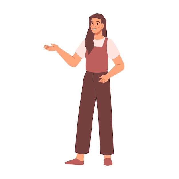 Une femme de bande dessinée montre une présentation pointant à la main