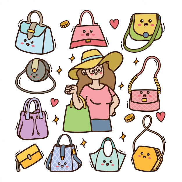 Femme De Bande Dessinée Avec Sac à Main En Illustration De Doodle Kawaii