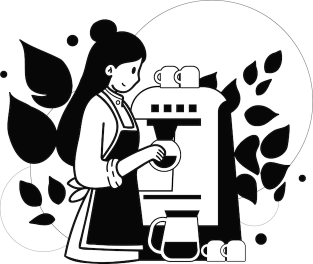 Vecteur femme barista faisant du café à partir d'une illustration de machine à café dans un style doodle