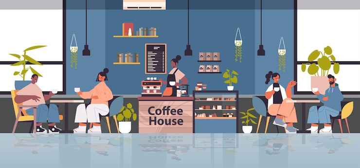 Vecteur femme barista en uniforme travaillant dans le café serveuse en tablier faisant du café pour les clients de course de mélange café moderne intérieur horizontal pleine longueur illustration vectorielle