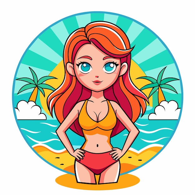 Vecteur femme en bikini, fille d'été en vacances, maillot de bain de plage, dessin animé stylé dessiné à la main.