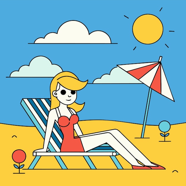 Vecteur femme en bikini, fille d'été en vacances, maillot de bain de plage, dessin animé stylé dessiné à la main.