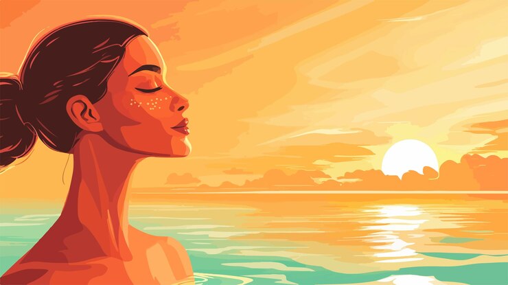Vecteur une femme en bikini nage au coucher du soleil