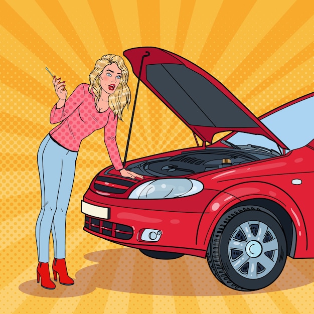 Femme Blonde Pop Art Avec Voiture Cassée. Panne Du Moteur.