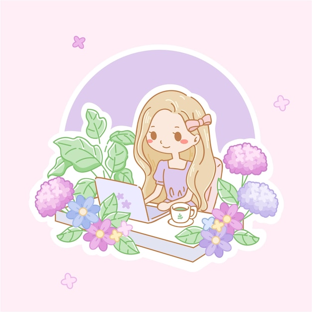 Vecteur femme blonde travaillant ou étudiant dans l'illustration de dessin animé sur le thème de la fleur d'hortensia