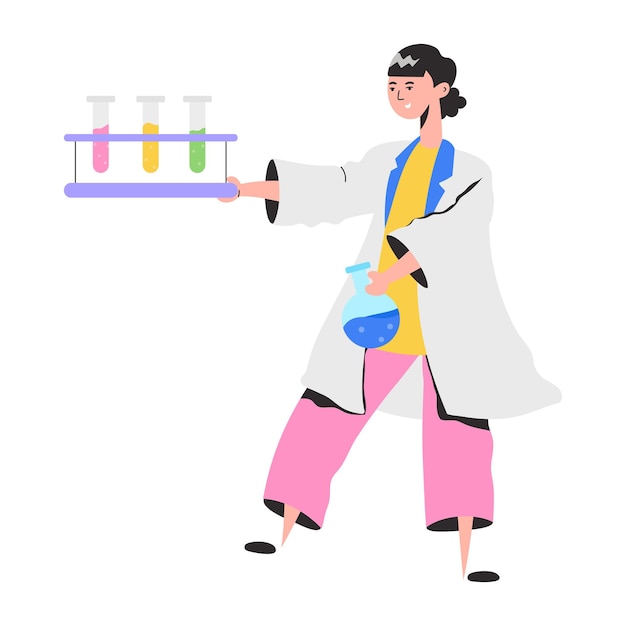 Vecteur une femme en blouse de laboratoire tenant un tube à essai.