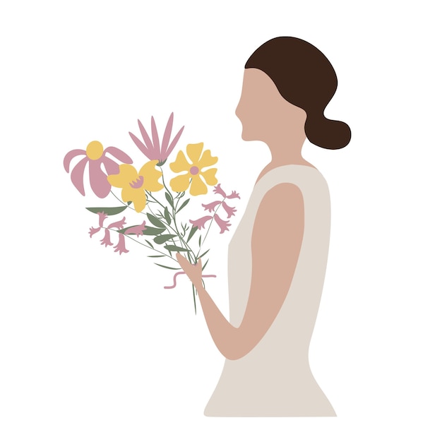 Femme avec un bouquet de fleurs illustration vectorielle histoire romantique