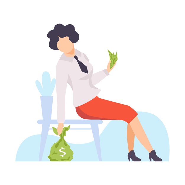 Vecteur une femme cache un sac d'argent sous une chaise illustration vectorielle