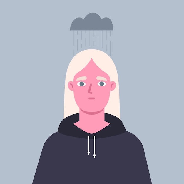 Vecteur femme caucasienne triste avec un nuage pluvieux au-dessus de sa tête. notion de trouble mental