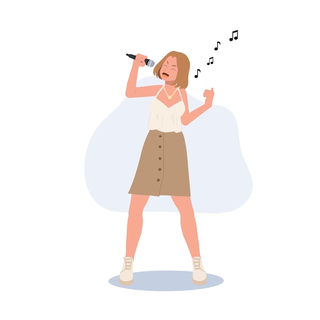 Femme Chanteuse Femme Avec Microphone Chante Illustration Vectorielle Plane