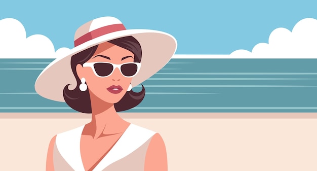 Femme avec un chapeau et des lunettes de soleil sur la plage Vacances d'été et concept de voyage Illustration