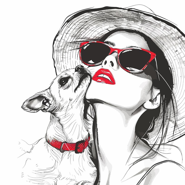 Vecteur une femme avec un chapeau de paille et un chien avec des lunettes de soleil sur sa tête