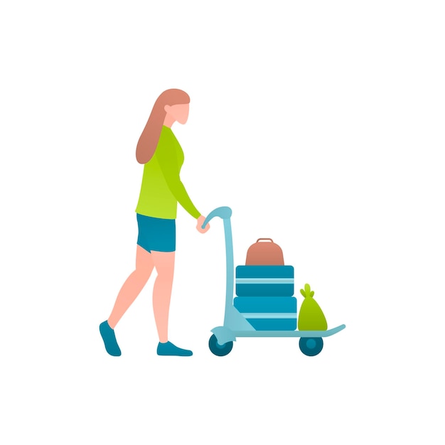 Femme Avec Chariot à L'aéroport à L'illustration Vectorielle Plane