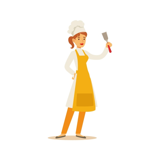 Femme chef cuisinier professionnel travaillant dans un restaurant portant un uniforme traditionnel classique avec un personnage de dessin animé de spatule